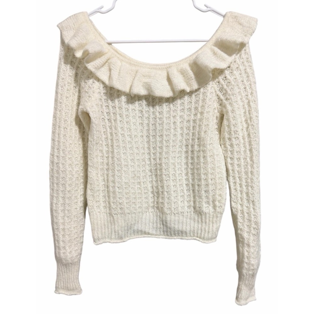 Anthropologie Ruffled Boat Neck Sweater Ivory Women's Size XS